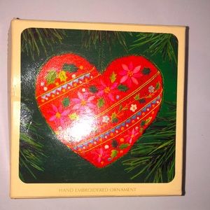 NOS Hallmark 1983 Hand Embroidered Red Heart Keepsake Christmas Ornament